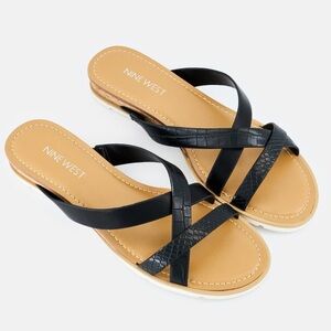 New Nine West Dallan Slip On Sandals Black Strappy Cork Sole Resort Shoes Sz 9.5